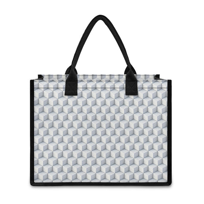 White Geometric Cube Shape Pattern Print Canvas Tote Bag