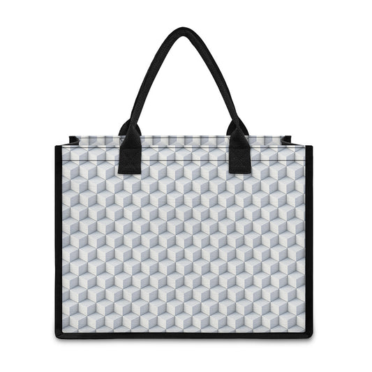 White Geometric Cube Shape Pattern Print Canvas Tote Bag
