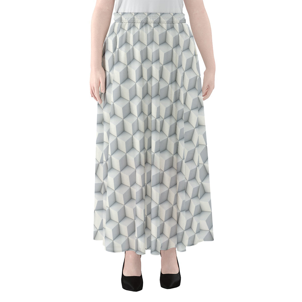 White Geometric Cube Shape Pattern Print Chiffon Maxi Skirt