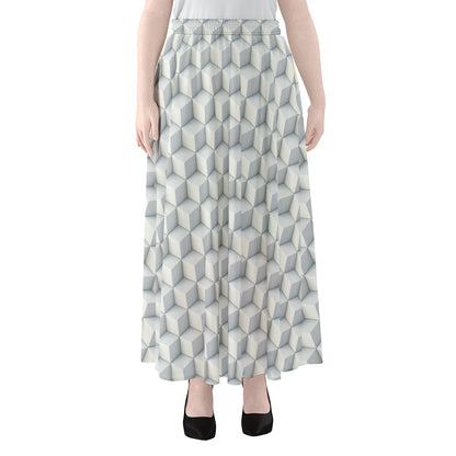 White Geometric Cube Shape Pattern Print Chiffon Maxi Skirt