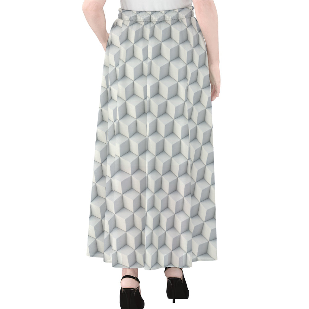 White Geometric Cube Shape Pattern Print Chiffon Maxi Skirt