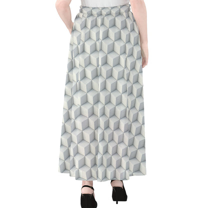 White Geometric Cube Shape Pattern Print Chiffon Maxi Skirt