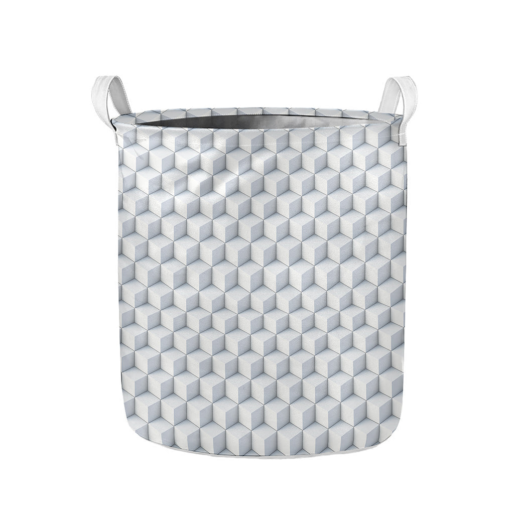 White Geometric Cube Shape Pattern Print Collapsible Laundry Basket