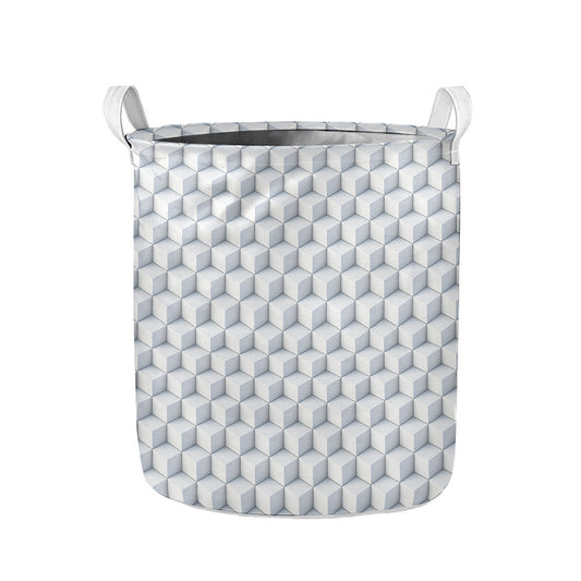 White Geometric Cube Shape Pattern Print Collapsible Laundry Basket