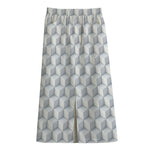White Geometric Cube Shape Pattern Print Cotton Front Slit Maxi Skirt