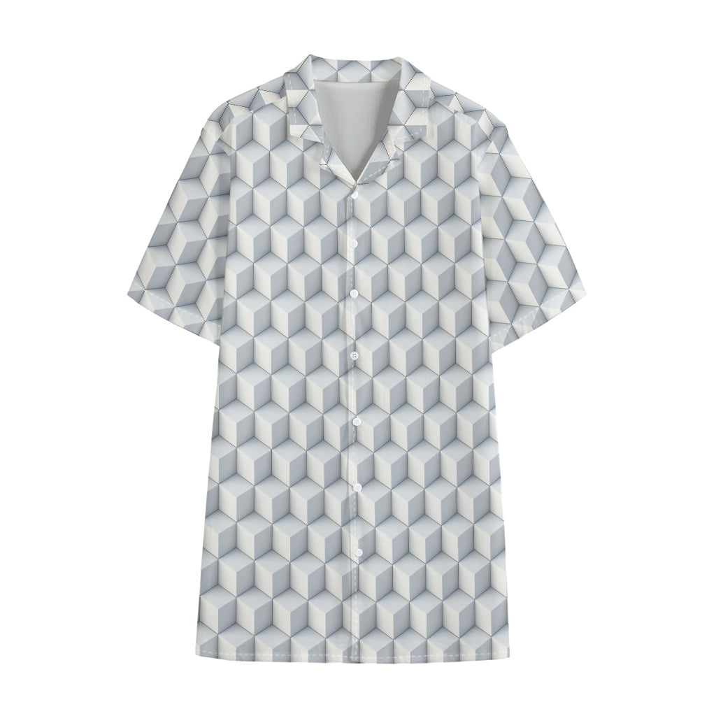 White Geometric Cube Shape Pattern Print Cotton Hawaiian Shirt
