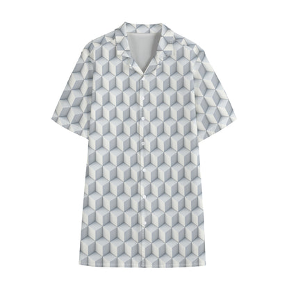 White Geometric Cube Shape Pattern Print Cotton Hawaiian Shirt
