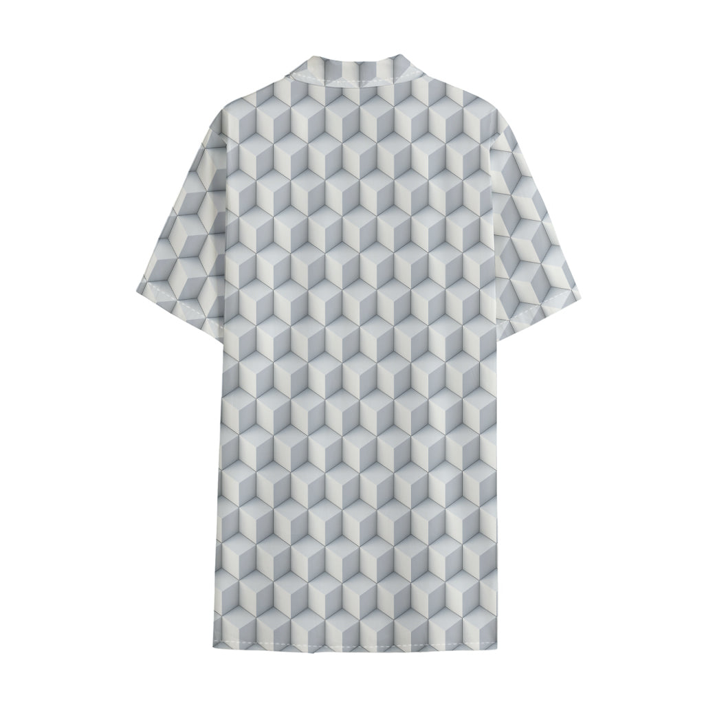 White Geometric Cube Shape Pattern Print Cotton Hawaiian Shirt