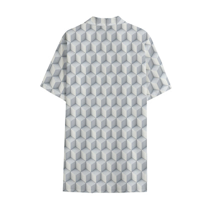 White Geometric Cube Shape Pattern Print Cotton Hawaiian Shirt
