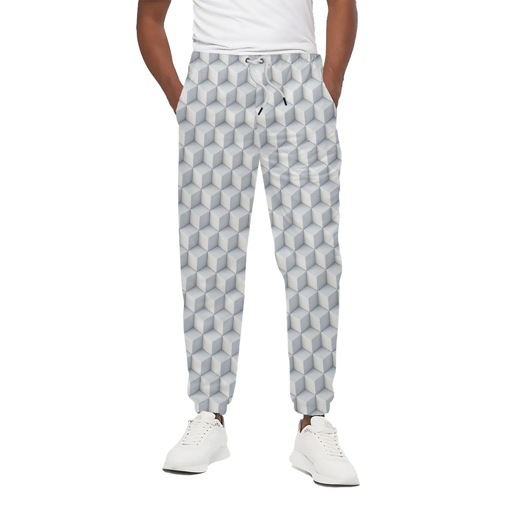 White Geometric Cube Shape Pattern Print Cotton Pants