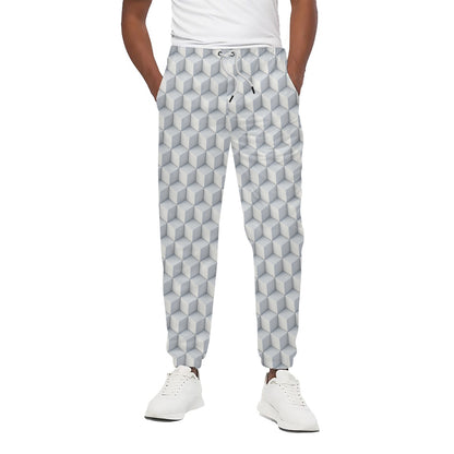 White Geometric Cube Shape Pattern Print Cotton Pants