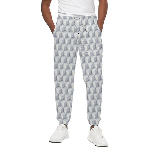 White Geometric Cube Shape Pattern Print Cotton Pants