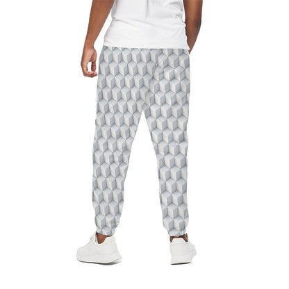 White Geometric Cube Shape Pattern Print Cotton Pants