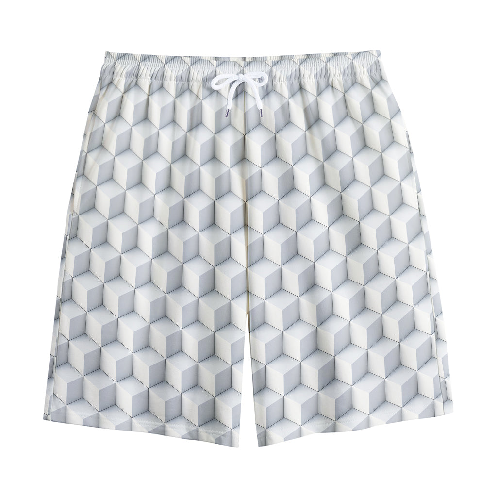 White Geometric Cube Shape Pattern Print Cotton Shorts