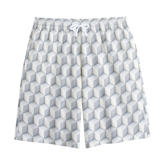 White Geometric Cube Shape Pattern Print Cotton Shorts