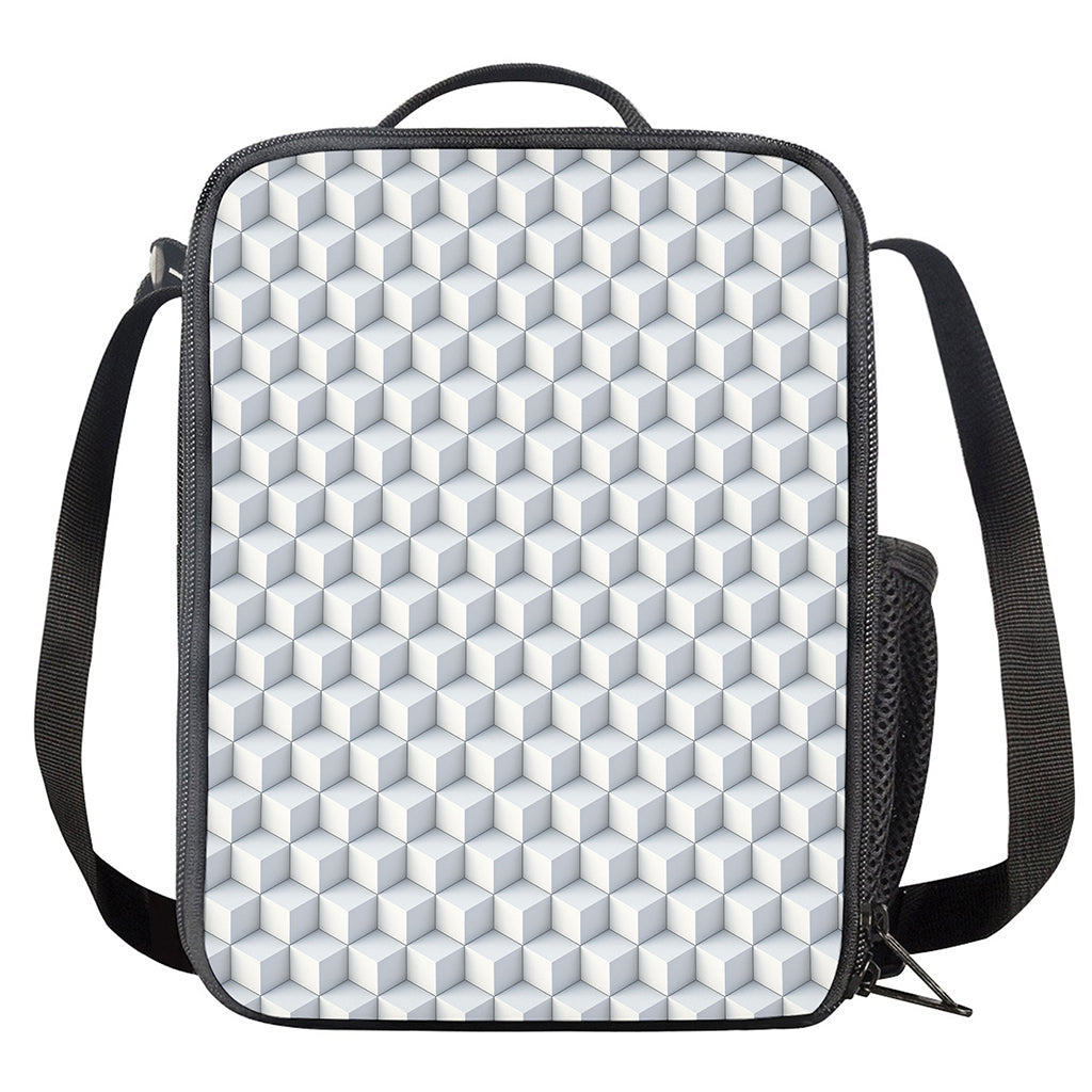 White Geometric Cube Shape Pattern Print Crossbody Lunch Bag
