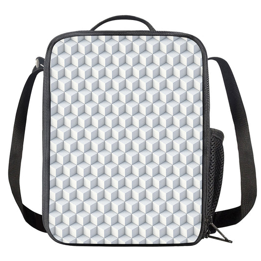 White Geometric Cube Shape Pattern Print Crossbody Lunch Bag
