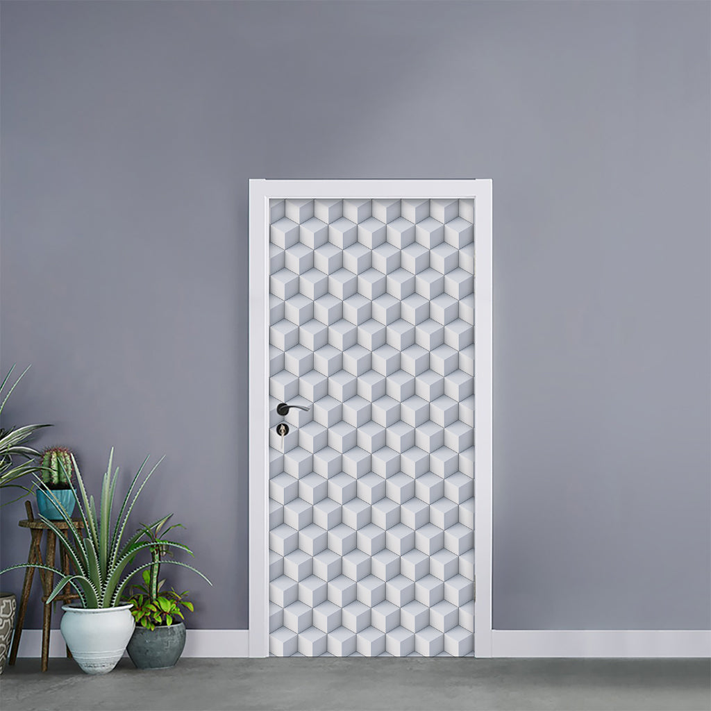 White Geometric Cube Shape Pattern Print Door Sticker