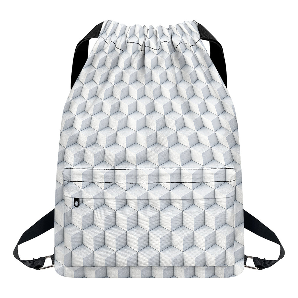 White Geometric Cube Shape Pattern Print Drawstring Backpack