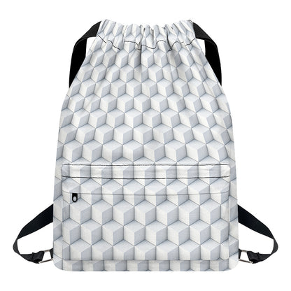 White Geometric Cube Shape Pattern Print Drawstring Backpack