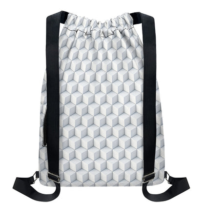 White Geometric Cube Shape Pattern Print Drawstring Backpack
