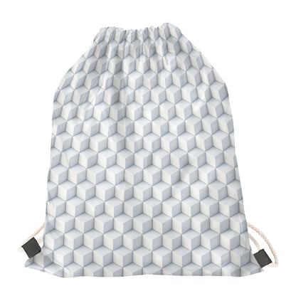 White Geometric Cube Shape Pattern Print Drawstring Bag
