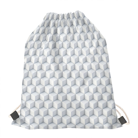 White Geometric Cube Shape Pattern Print Drawstring Bag