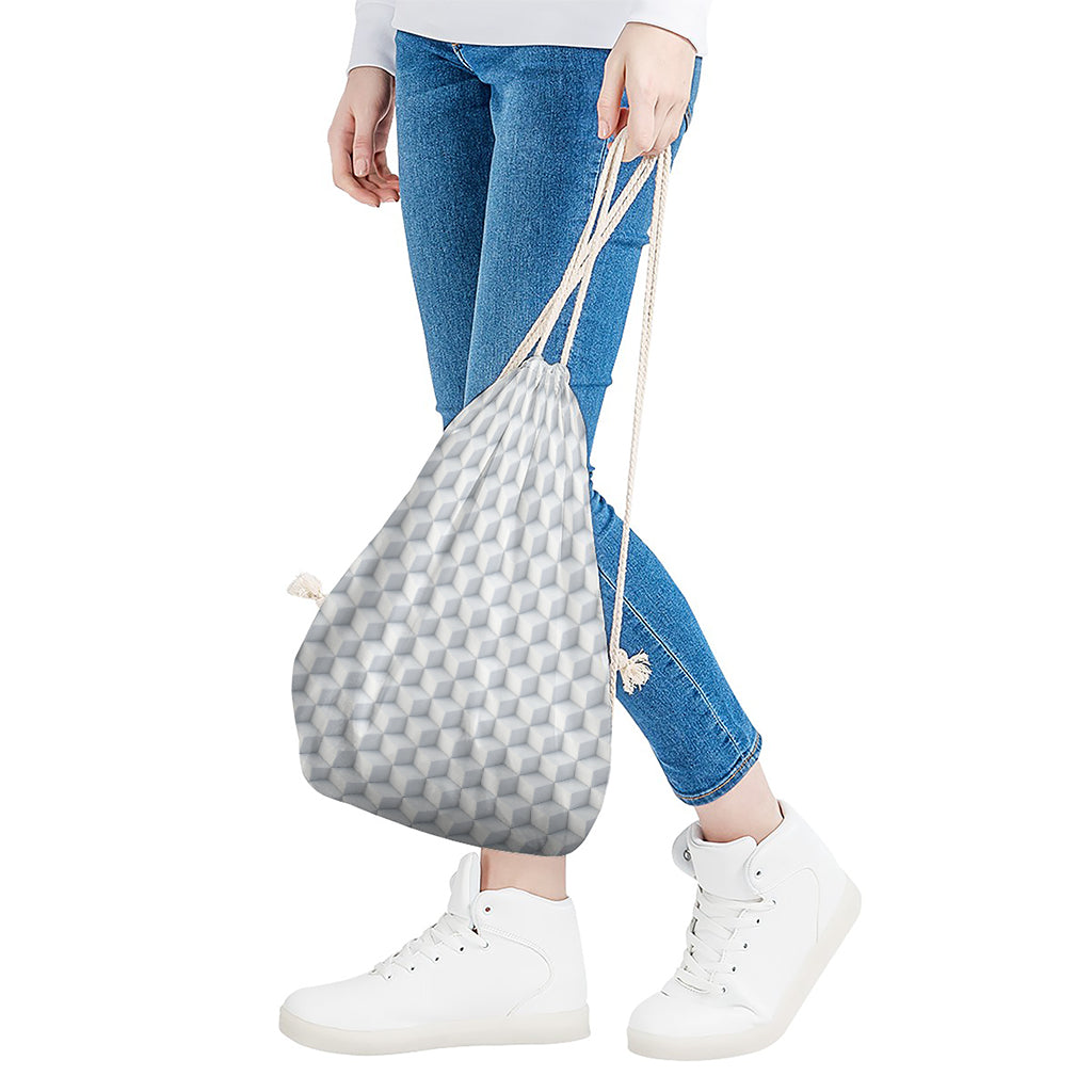 White Geometric Cube Shape Pattern Print Drawstring Bag