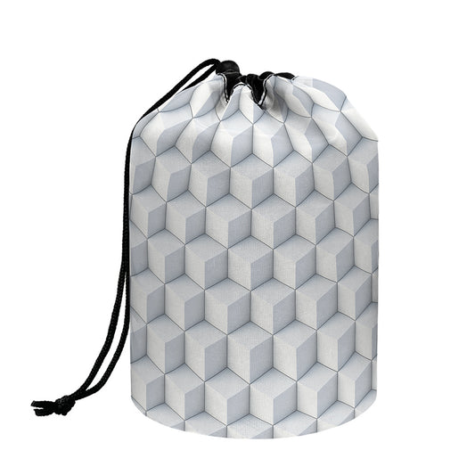 White Geometric Cube Shape Pattern Print Drawstring Makeup Bag