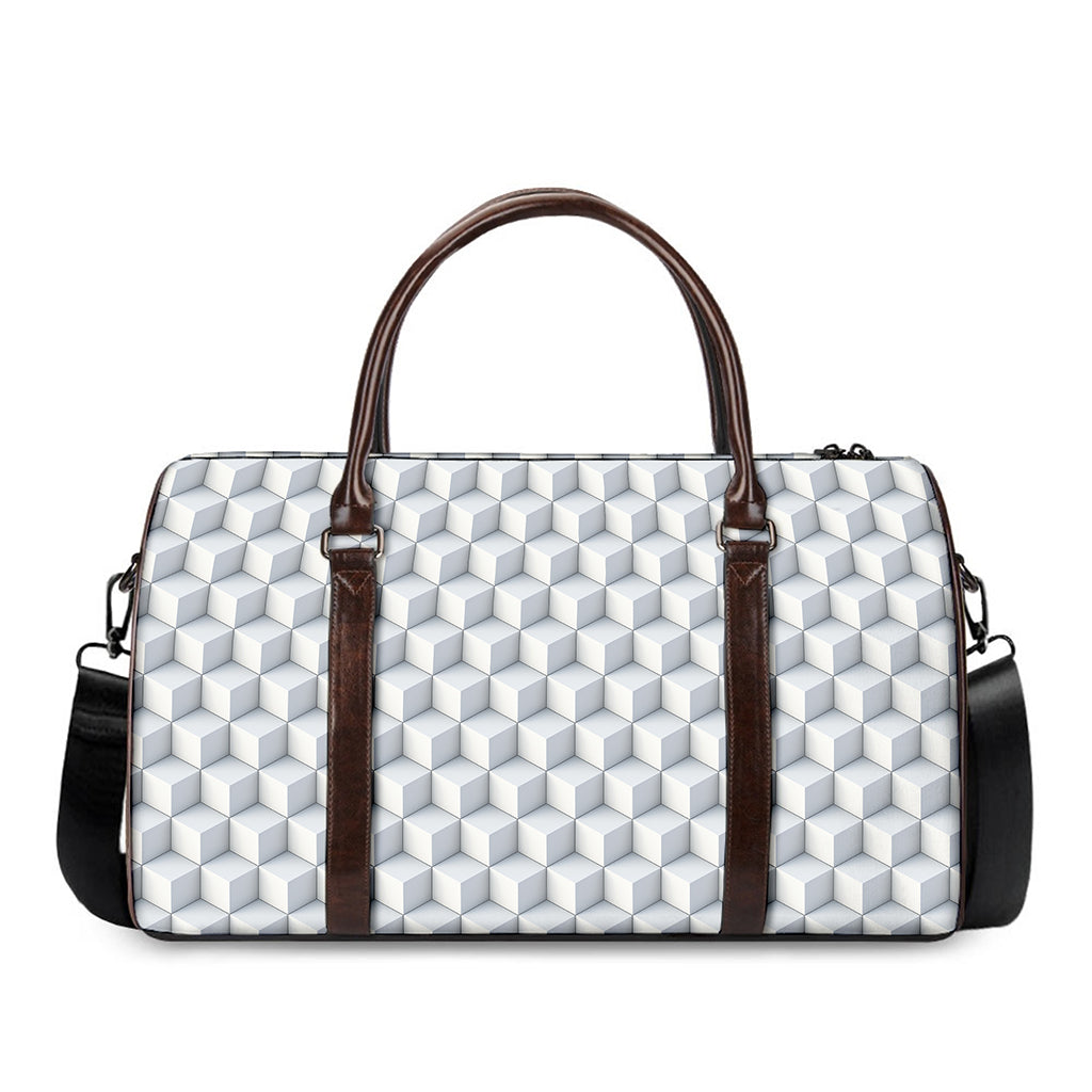 White Geometric Cube Shape Pattern Print Duffle Bag