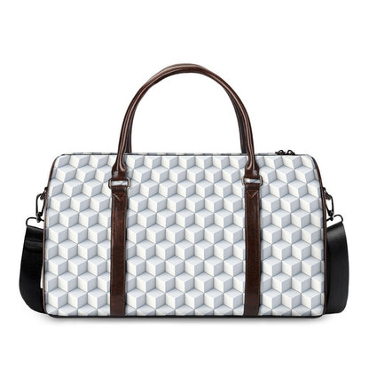White Geometric Cube Shape Pattern Print Duffle Bag