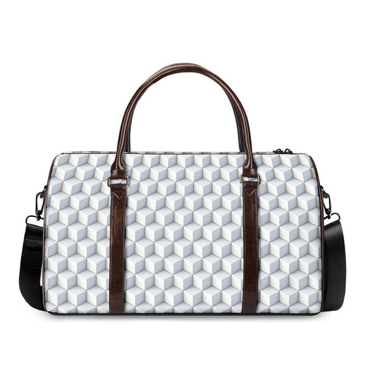 White Geometric Cube Shape Pattern Print Duffle Bag