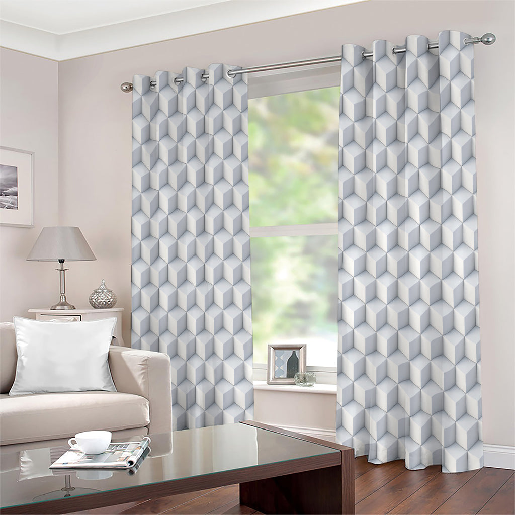 White Geometric Cube Shape Pattern Print Extra Wide Grommet Curtains