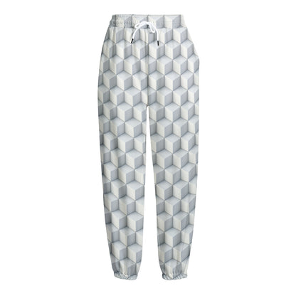 White Geometric Cube Shape Pattern Print Fleece Lined Knit Pants