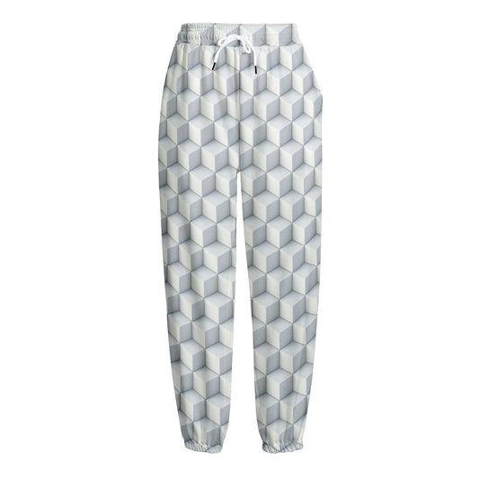 White Geometric Cube Shape Pattern Print Fleece Lined Knit Pants