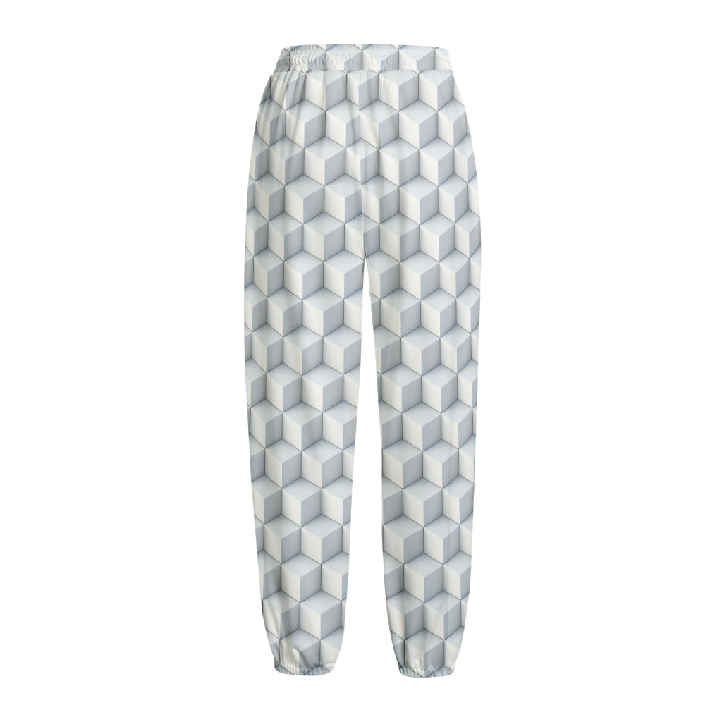 White Geometric Cube Shape Pattern Print Fleece Lined Knit Pants