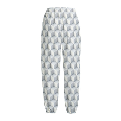 White Geometric Cube Shape Pattern Print Fleece Lined Knit Pants