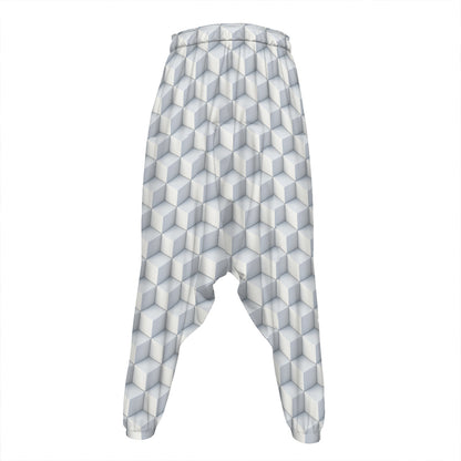 White Geometric Cube Shape Pattern Print Hammer Pants