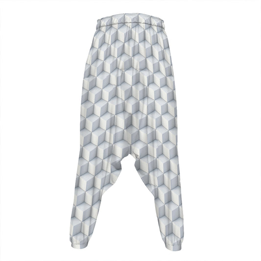 White Geometric Cube Shape Pattern Print Hammer Pants