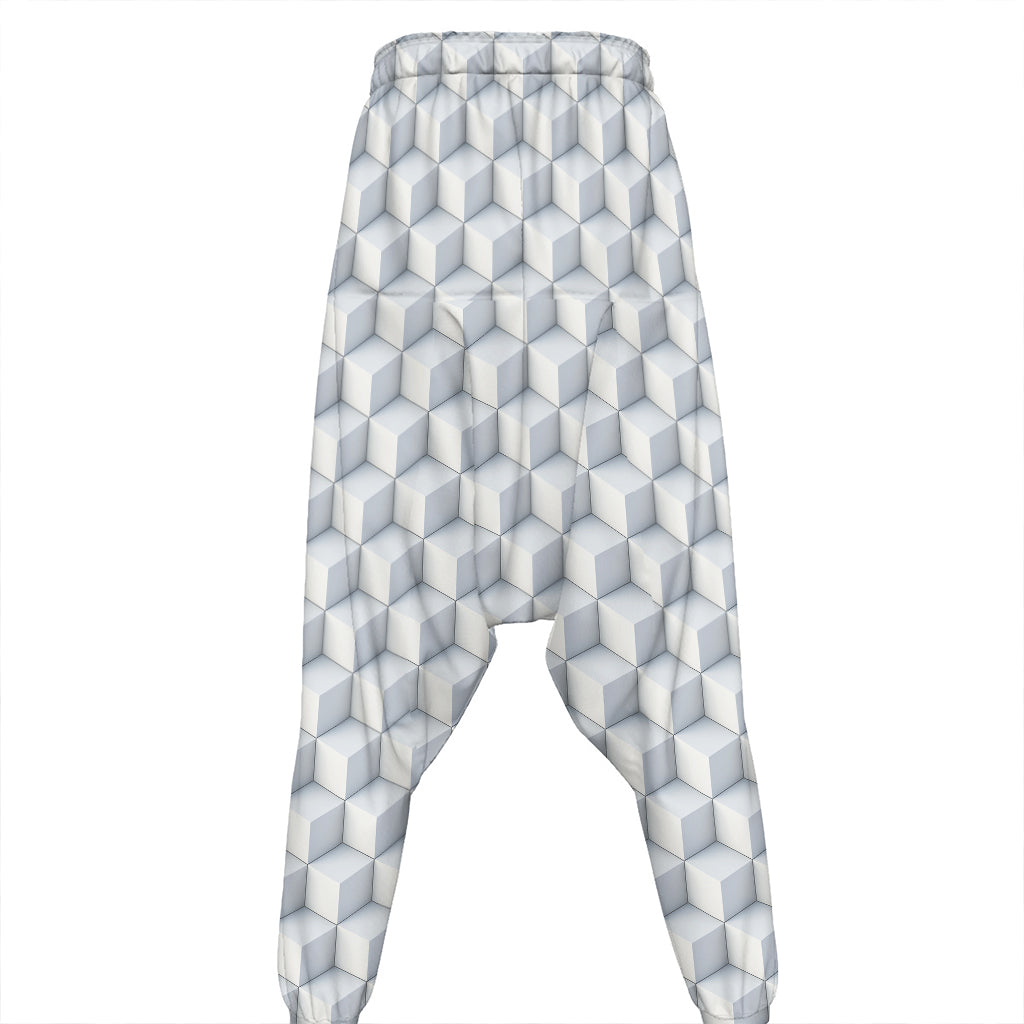 White Geometric Cube Shape Pattern Print Hammer Pants