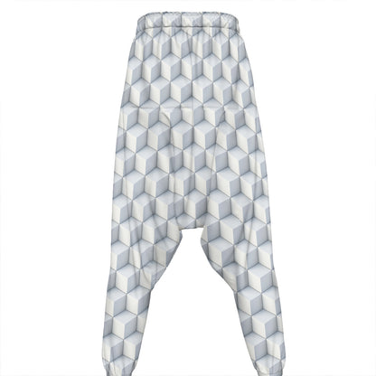 White Geometric Cube Shape Pattern Print Hammer Pants