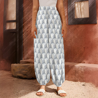 White Geometric Cube Shape Pattern Print Harem Pants