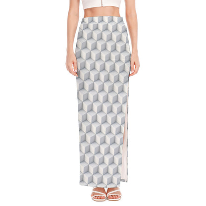 White Geometric Cube Shape Pattern Print High Slit Maxi Skirt