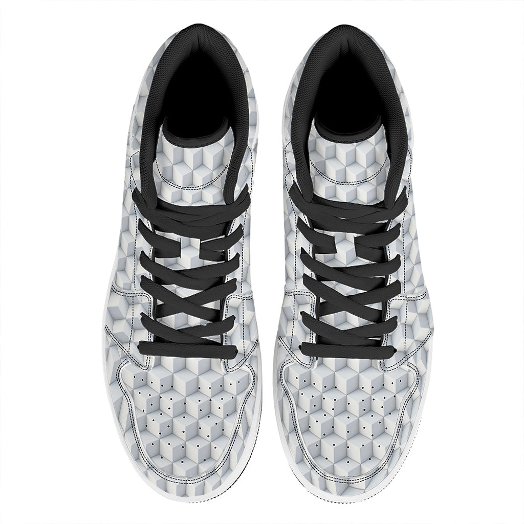 White Geometric Cube Shape Pattern Print High Top Leather Sneakers