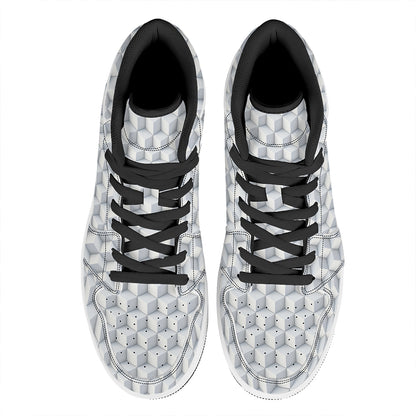 White Geometric Cube Shape Pattern Print High Top Leather Sneakers
