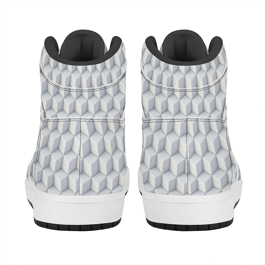 White Geometric Cube Shape Pattern Print High Top Leather Sneakers