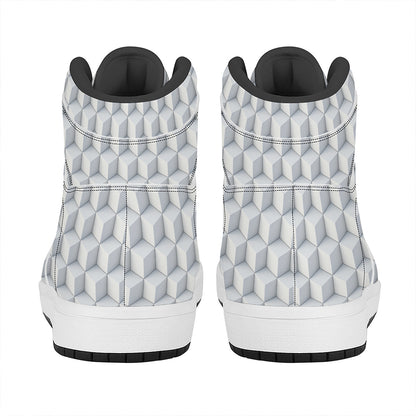 White Geometric Cube Shape Pattern Print High Top Leather Sneakers
