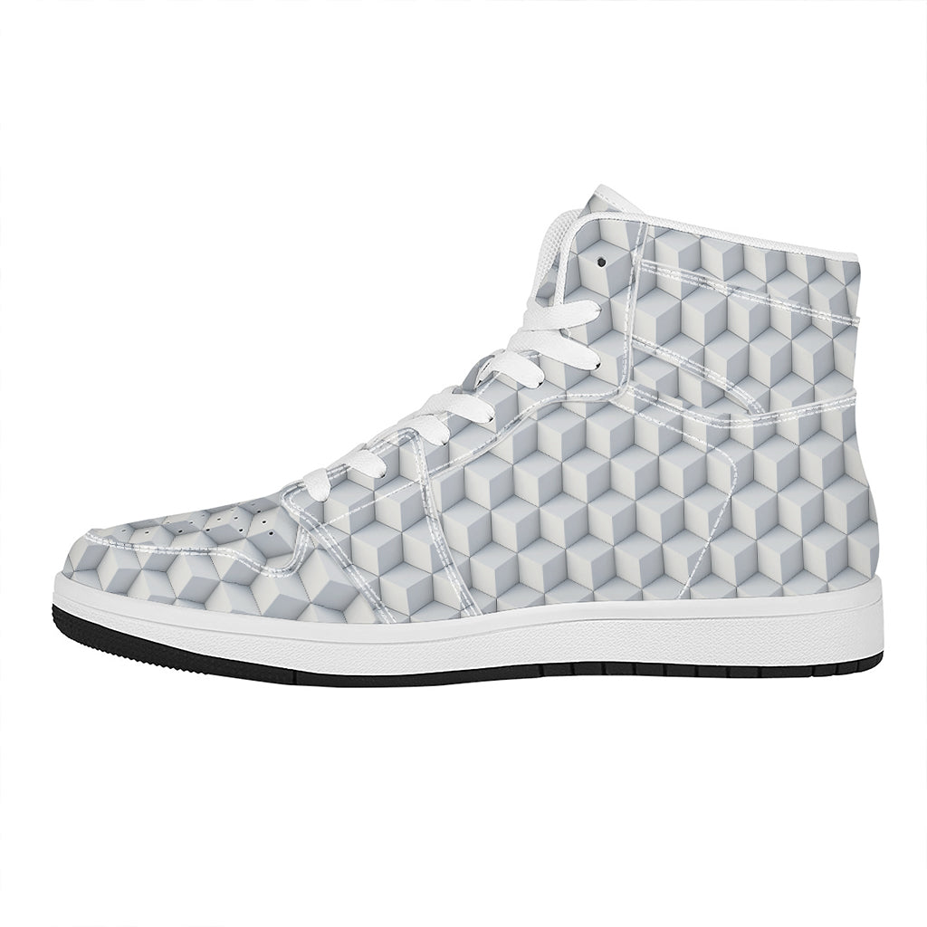 White Geometric Cube Shape Pattern Print High Top Leather Sneakers