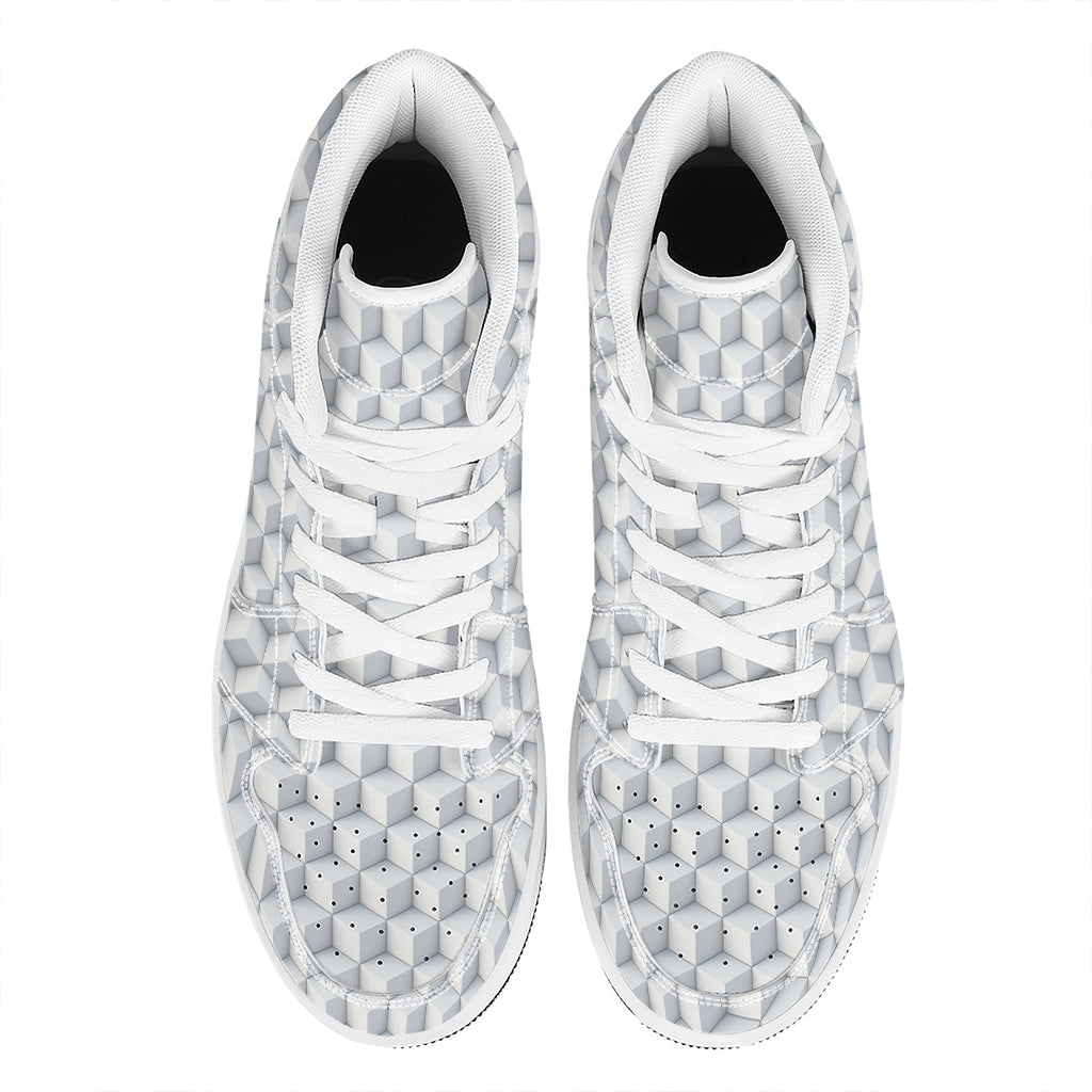 White Geometric Cube Shape Pattern Print High Top Leather Sneakers