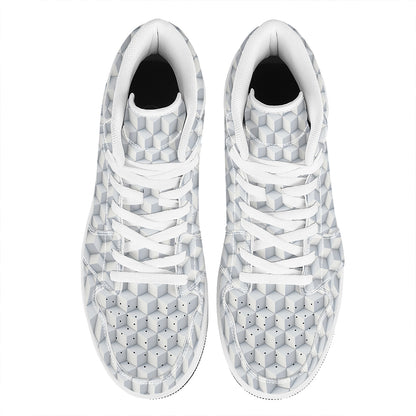 White Geometric Cube Shape Pattern Print High Top Leather Sneakers